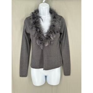90s Vintage Cardigan Sweater Small Silver Feather Silk Glam Y2K Artsy Knit Retro